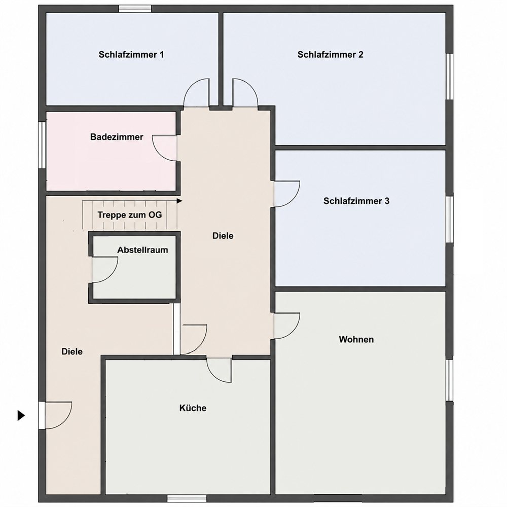 Grundriss des Business Apartments im Erdgeschoss: vier Zimmer, drei Schlafzimmer, Wohn- und Esszimmer sowie separate Küche