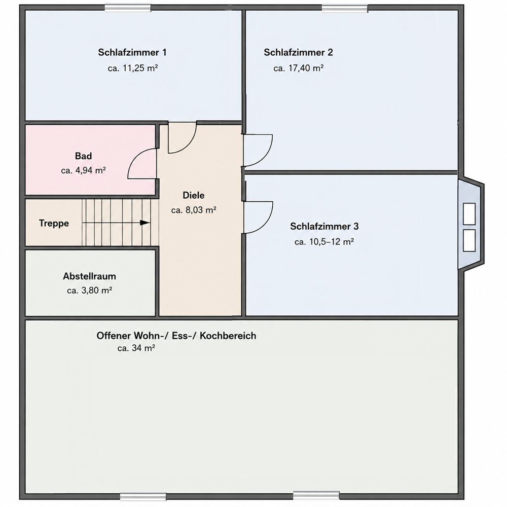 Grundriss des Family Apartments im Obergeschoss: vier Zimmer, drei Schlafzimmer, Wohn- und Essbereich mit offener Küche