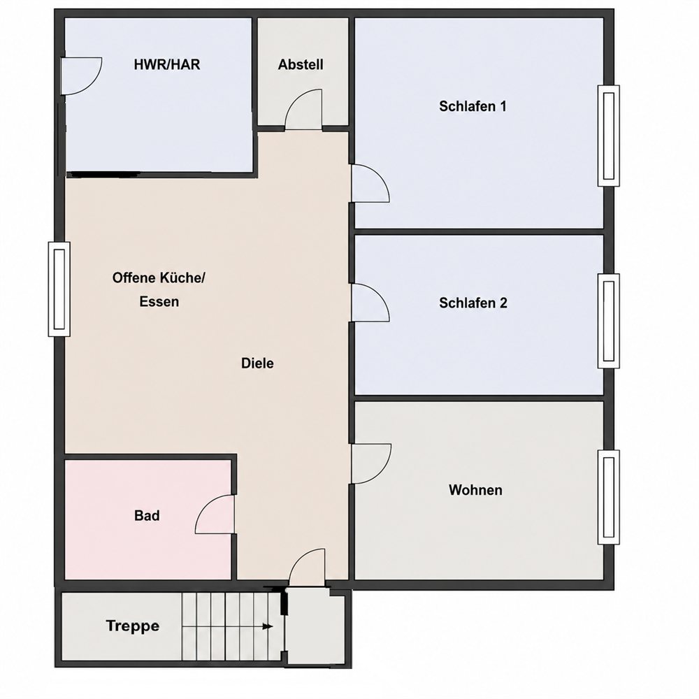 Grundriss des Business Apartments im Untergeschoss: drei Zimmer, zwei Schlafzimmer, Wohnzimmer sowie Küche mit Essbereich